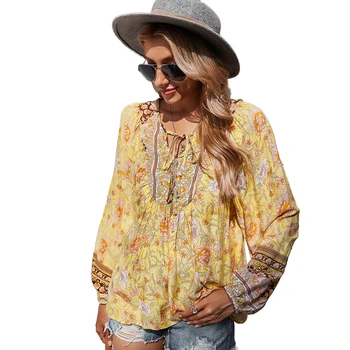 Factory Supply Long Sleeve Holiday Printed Blouse Women Yellow floral Tops
