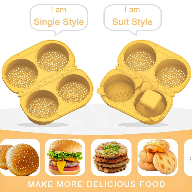 Eco-friendly Non Stick Silicone Burger Bun Mold Silicone Baking Bread Mold 4 Cavity Silicone Hamburger Mold