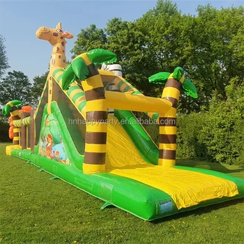 Blow up zoo giraffe theme inflatable water obstacle courses with a slide and blower