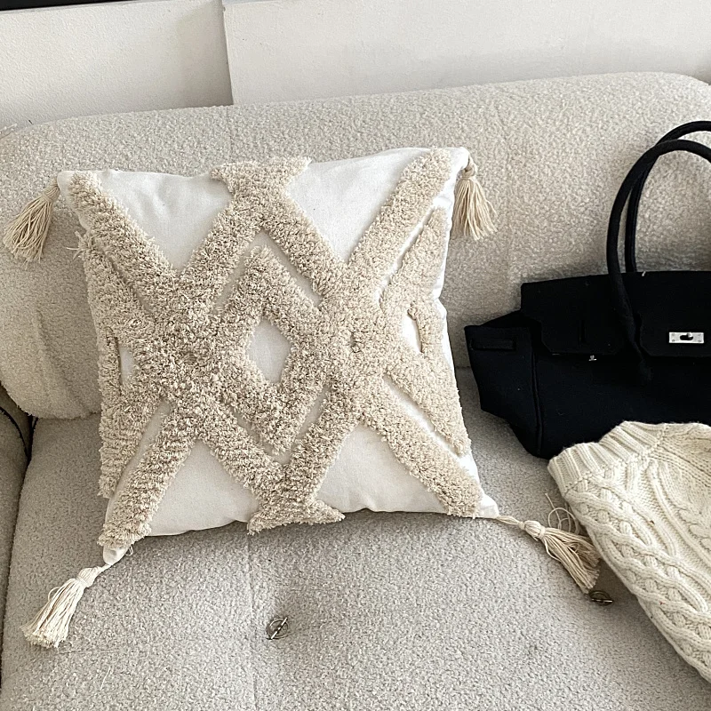 Macrame Decorative Plain Bohemian Style 100% Cotton Outdoor Furniture Cushions with Tufted Tassel Throw Pillow