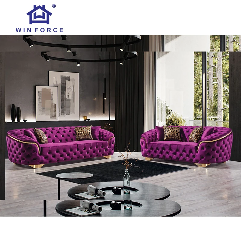 Winforce Factory Outlet Modern Chesterfield Sofa Italian Purple Velvet Elegant Sofa Couch Luxury Sofa Set Furniture Living Room