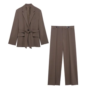 2025 Spring Summer Office Lady Elegant Solid Women Suit Fashion Casual Sashes Straight Shrug Blazer Chic Zipper Long Pant Sets