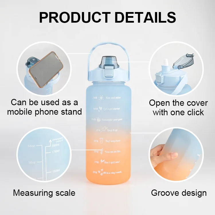 Gloway 3Pcs/Set 300ml 750ml 2000ml Outdoor Sport or Gym BPA-Free Plastic Fitness Motivation Water Bottle With Time Maker