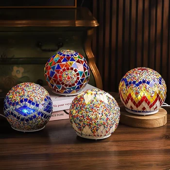 Cheap Turkish Mosaic Glass Lamp Creative LED Spotlight Glass Beads Rotating Bohemia Moonlight Decorative Night Light