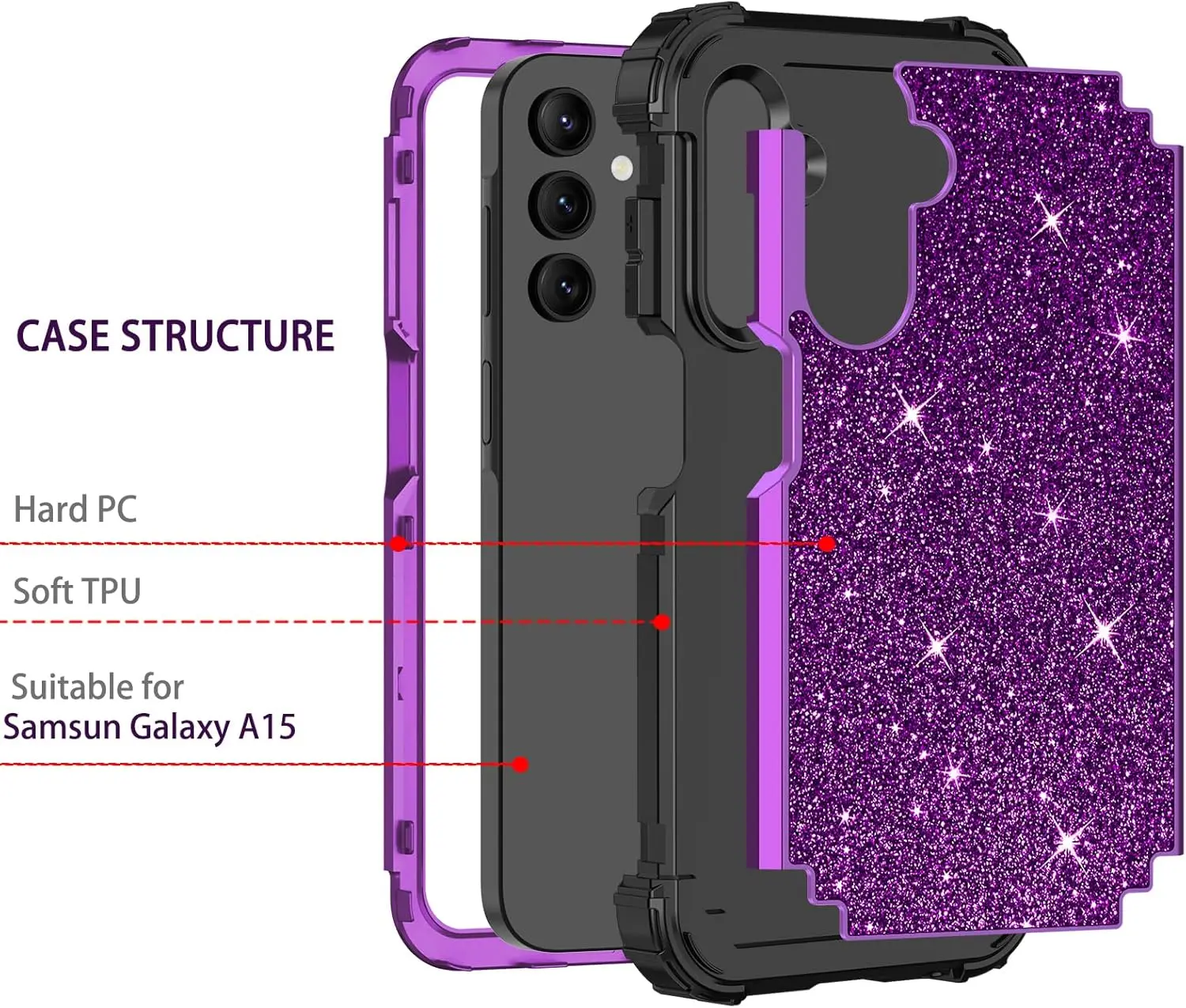 Luxury Design Phone Case for Samsung Galaxy A15 Glitter Cover 3 in 1 Heavy Duty Shockproof Creative Cover