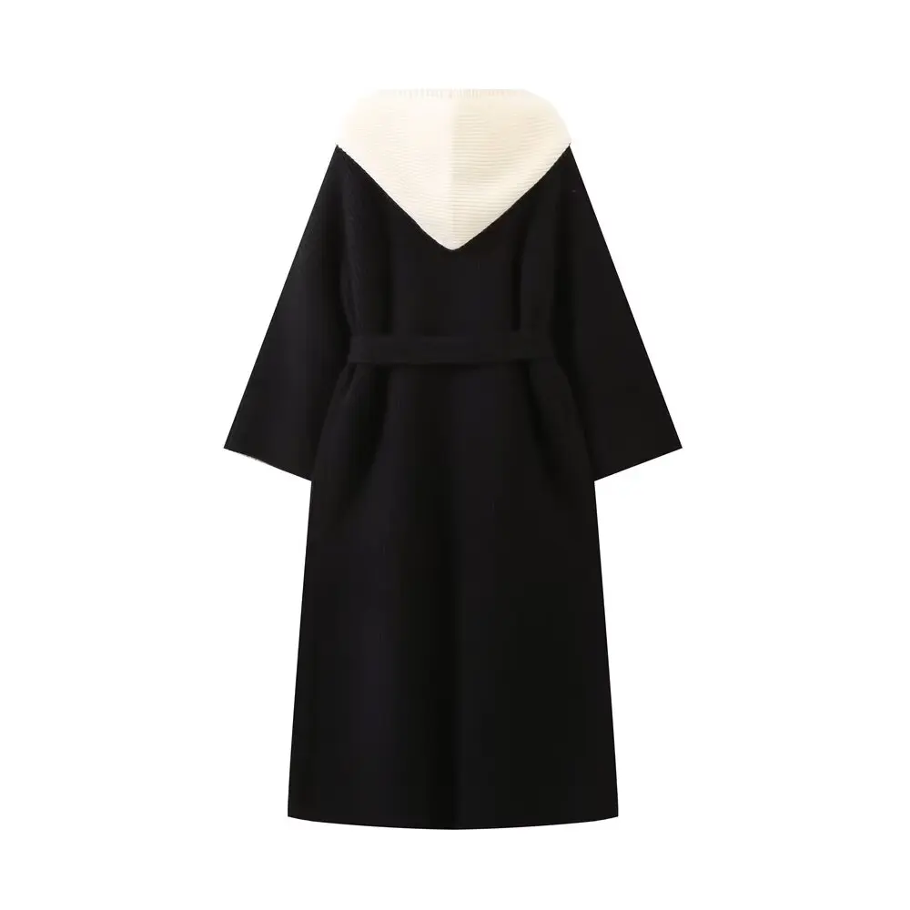 Donne 2024 Moda bavaglino con cappuccio due pezzi lavorati a maglia Cappotto Vintage Manica Lunga Donna Capispalla Chic Overshirt_voghion.com