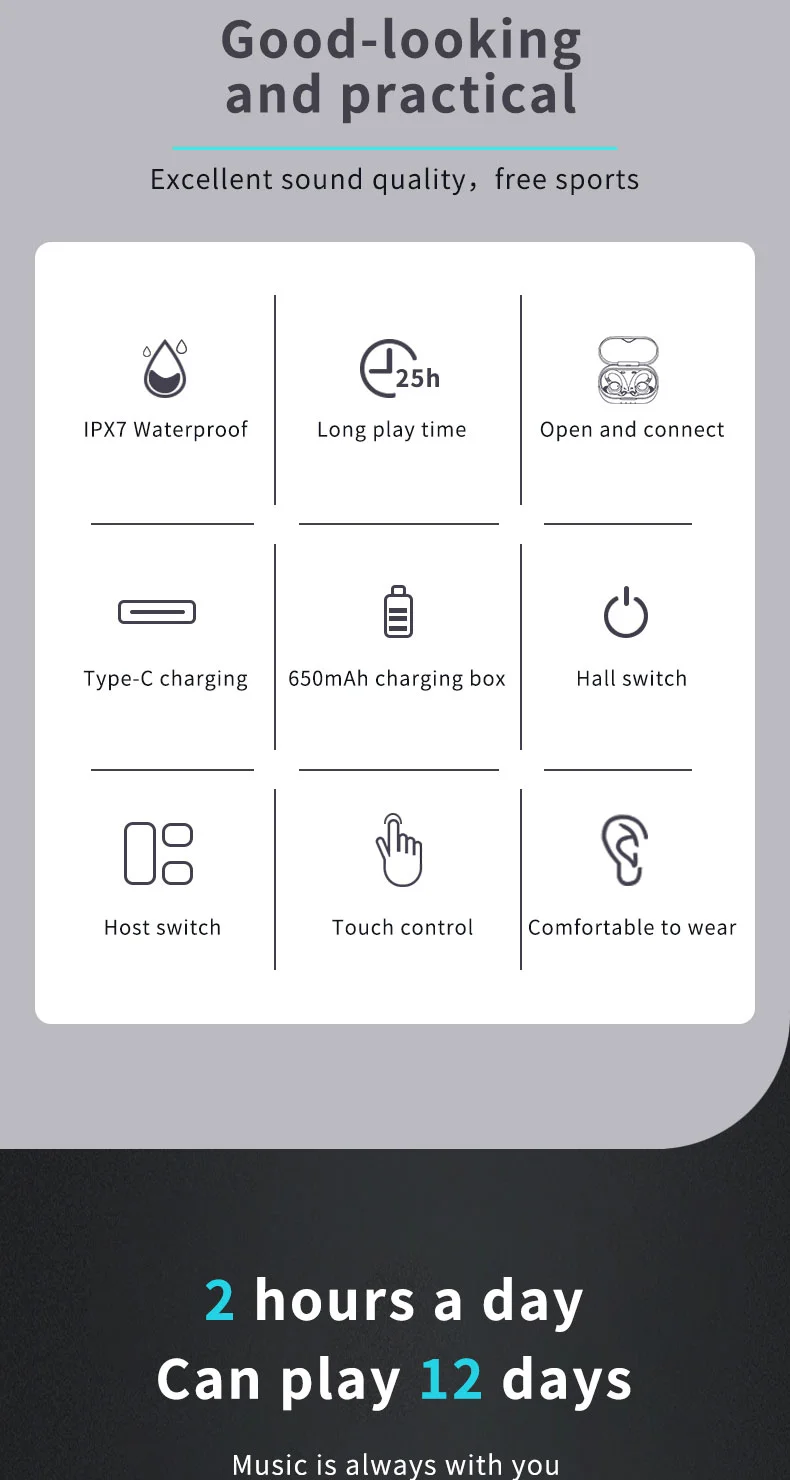 Wireless Earbuds Wireless Headphones Charging Case Sports Ear buds with Earhook Deep Bass IPX7 Waterproof Over-Ear Earphones