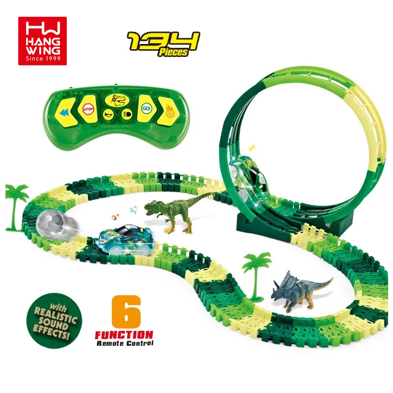 134pcs 6channel Remote Control Rotating Roller coaster DIY Assembling Dinosaur Track Car with Lights Kids Toys Gifts