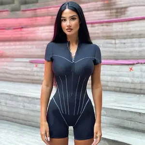 Sexy Zipper Deep V Neck Short Sleeve Jumpsuit Bodycon Rompers Women Fitness Bodysuit Skinny Casual Playsuit