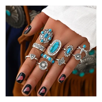 Bohemian Vintage Silver Alloy Western Turquoise Gemstone Rings Retro Stone Crystal Stackable Joint Finger Rings Set for Women