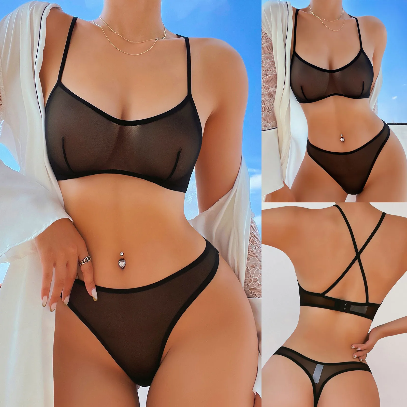 New Sexy Transparent Net Bra and Panty Set Mesh Sheer Bralette Solid Lingerie Cross Back Underwear Female Bra