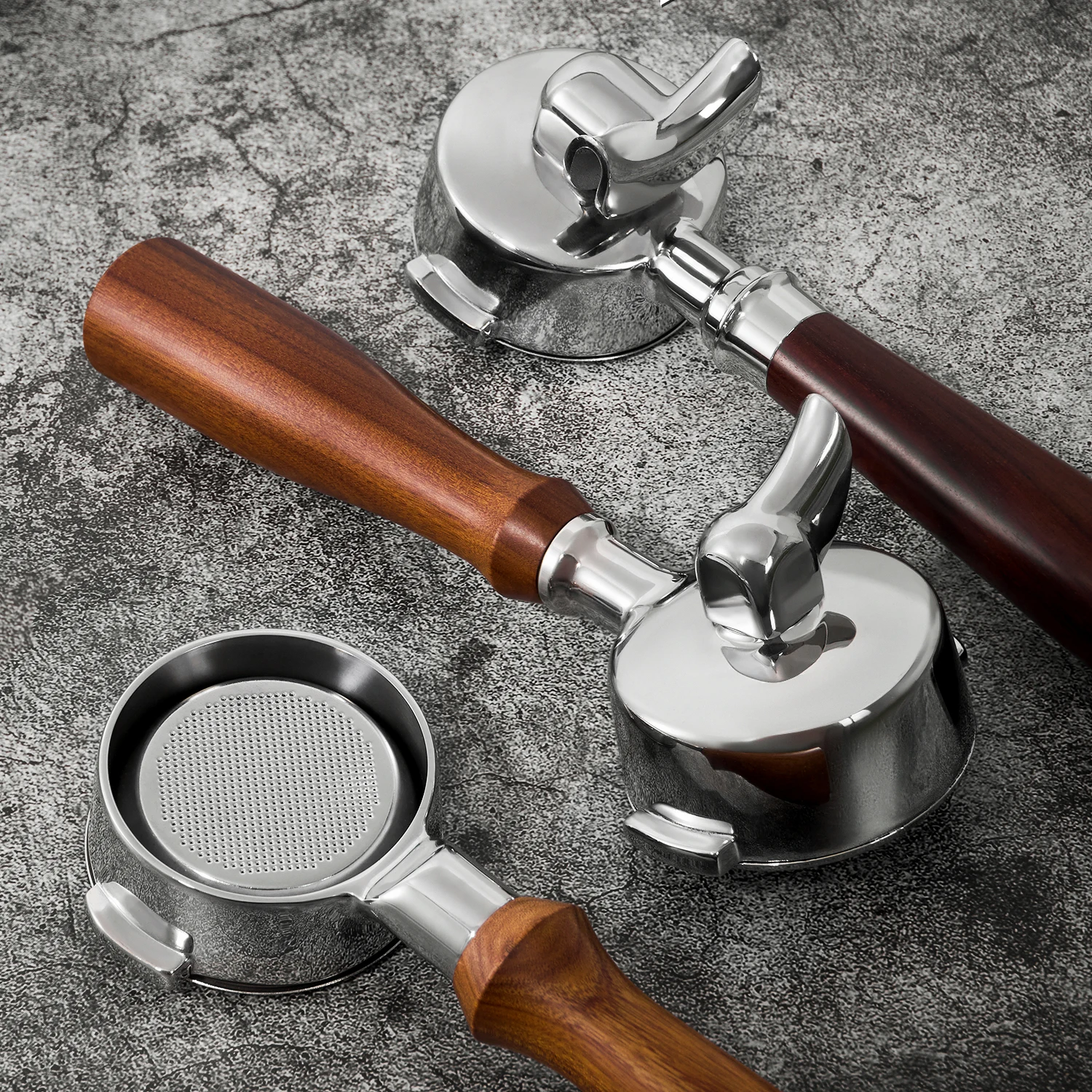 OEM 51mm 54mm 58mm E61 Wooden Handle Eco-Friendly Breville Delonghi Naked  Stainless Steel Bottomless Espresso Machine Coffee