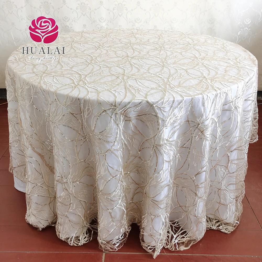 132" Round Light Gold And White Embroidery Shiny Tablecloth For Wedding