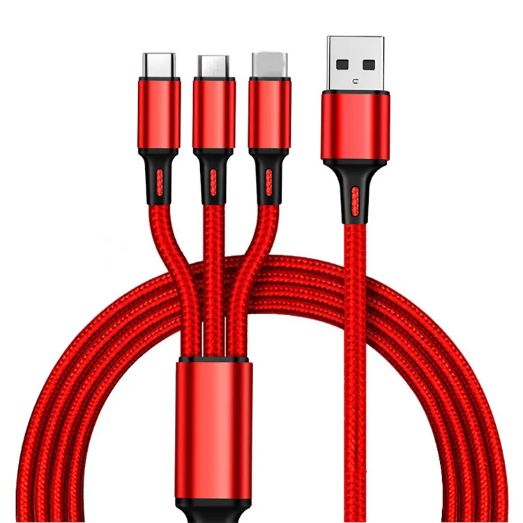 Hot sell 3 In 1 Micro USB Type C Charger Cable Multi Usb Port nylon  braid Usb Charging Cable  For Mobile Phone Cables