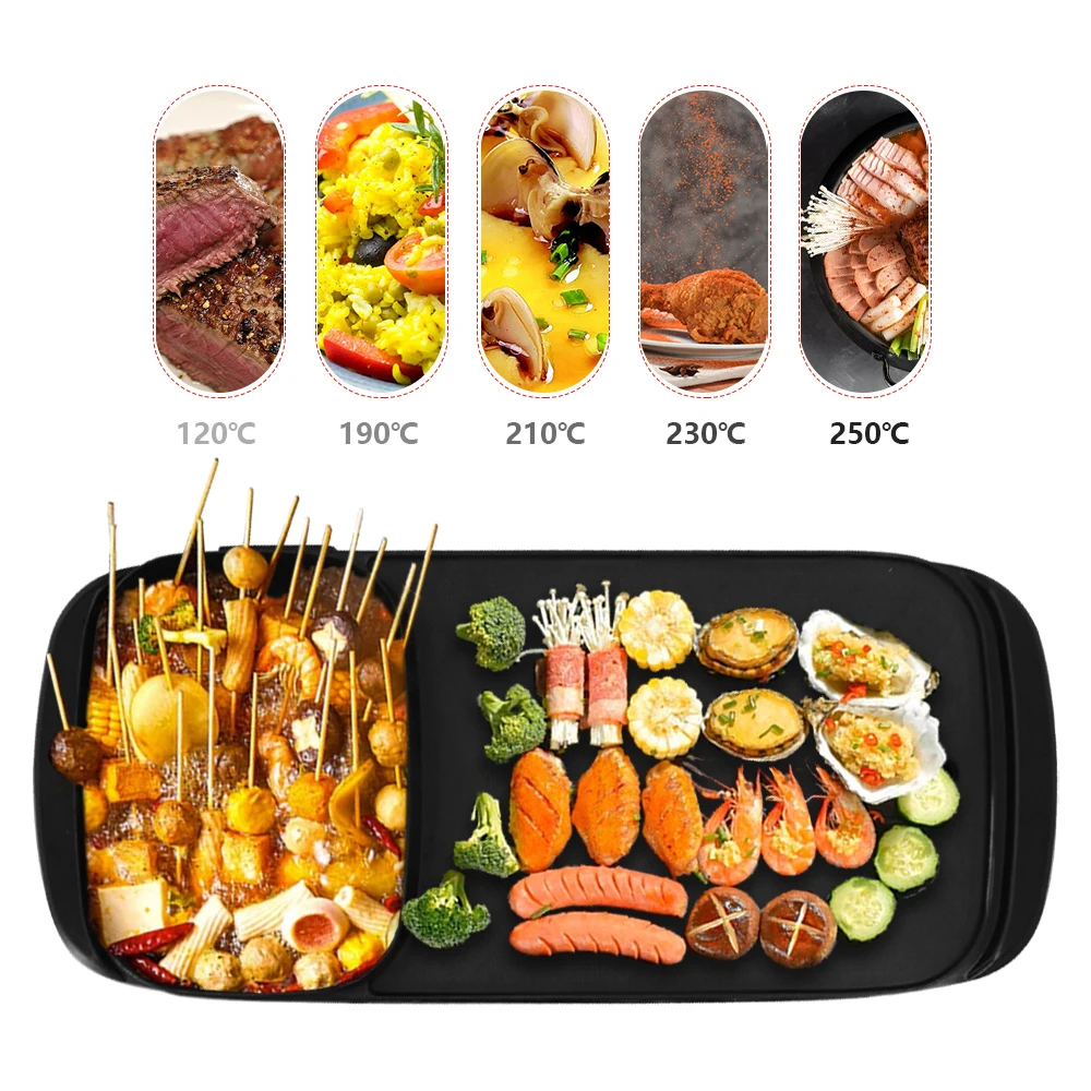 Square Cooking Frying Grill Pan and Hot Pot Electric Korean Non Stick Bbq Cook Griddle Skillet With Hotpot Multi Purpose 2 in 1