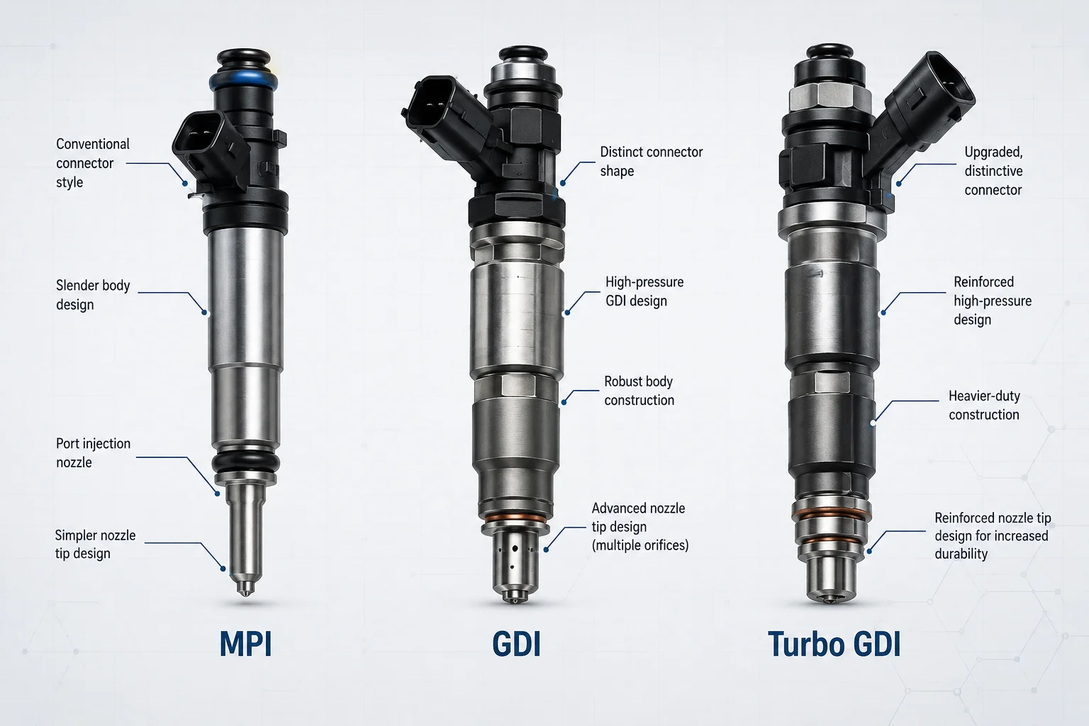 Port injection, GDI, and turbo GDI fuel injector comparison for importers