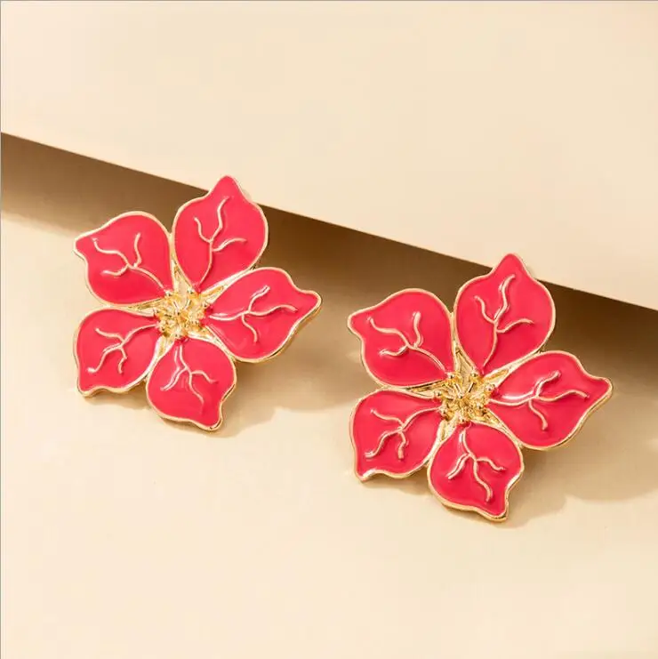 
 Vintage Peony Flower Stud Earring for Women Red Geometric Dripping Oil Metal Female Wedding Jewelry Accessories  