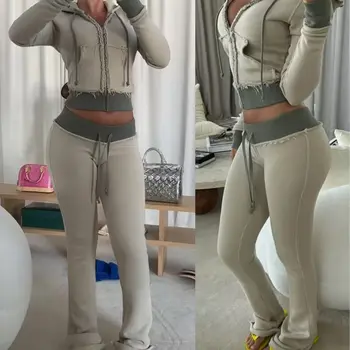 Tall Girl Friendly Sets Custom Zip up Hoodie Stack Sweat Pants for Distressed Two Piece Set
