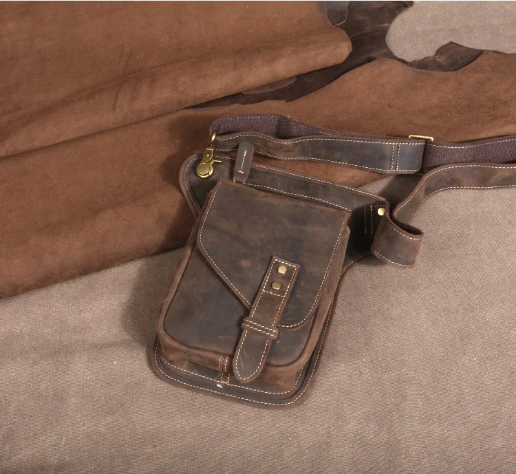 Vintage Genuine Crazy Horse Leather Waist Bag for Men Cowhide Motorcycle Crossbody Leg Saddlebags & Luggage