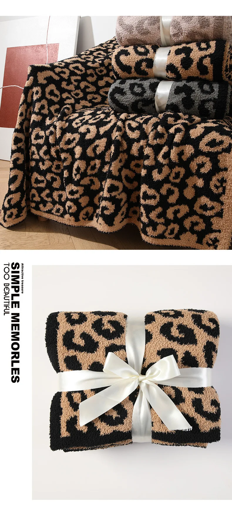 Wholesale Half Fleece Jacquard Knitted Throw Blanket Leopard Print