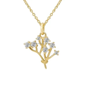 Simple 14K Yellow Gold Tree Leaf Pendant Necklace Fashionable Forever Love Gift for Women Girls Link Chain with Lab Diamond