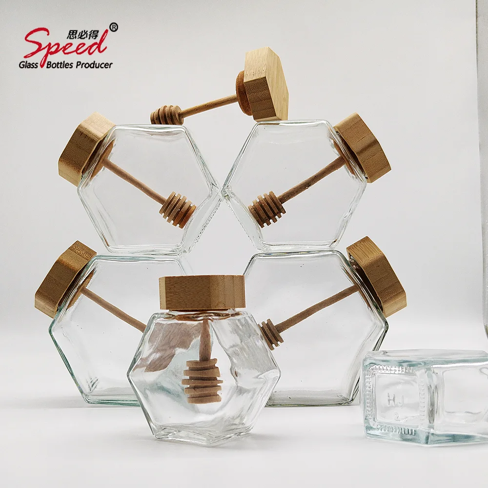 100ml 250ml 430ml Hexagonal Glass Honey Jar with Wooden Lid
