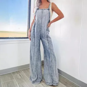 Backless Adjustable Strap Pants Female Wide Leg One-piece Jeans Rompers Streetwear Women Vintage Washed Raw Edge Denim Jumpsuit