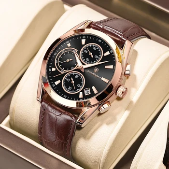 POEDAGAR Men Watches Top reloj Luxury Leather Men's Wristwatches Sport Chronograph Waterproof Luminous Quartz Watch for Men