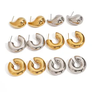 18K Gold Plated Thick Hoop Earrings Simple Design Waterproof C-Shaped Stainless Steel Hollow Ear Clamp Trendy Fashion Style