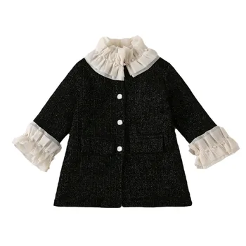 Girls Retro Style Pearl Lace Contrast Color Baby Coat Stitching Winter Mid-Length Padded Thickened Kids Tops