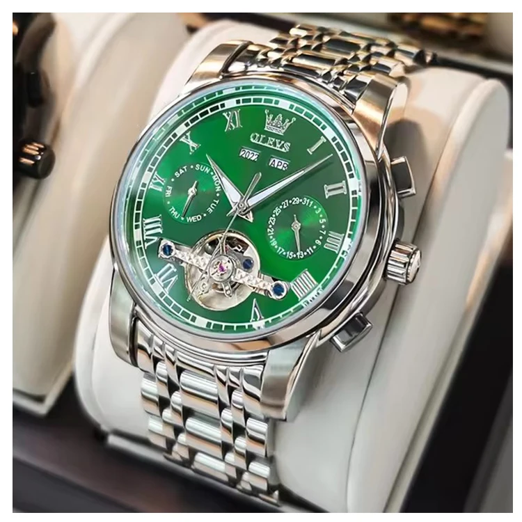 Olevs 6607 Fashion Sports Waterproof Automatic Moon Business Watch Reloj Mechanical Watches Luxury Tourbillon Mens Wrist Watches