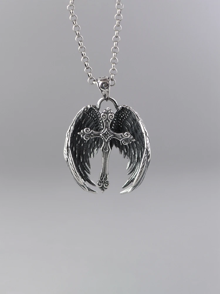 Authentic Chaoren Cross Retro Wings Feather Necklace S925 Sterling Silver Pendant for Men Women Hip Hop Style Fashion Jewelry