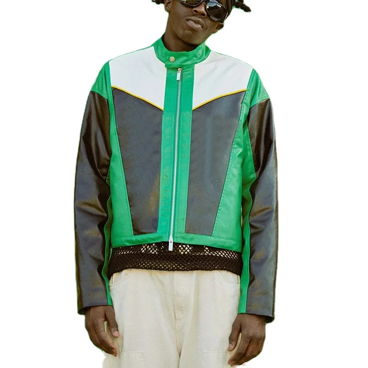 Boxy Funnel Neck Leather Jacket Men 100% Polyester Pu Spliced Applique Embroidered Zips Moto Jackets_voghion.com