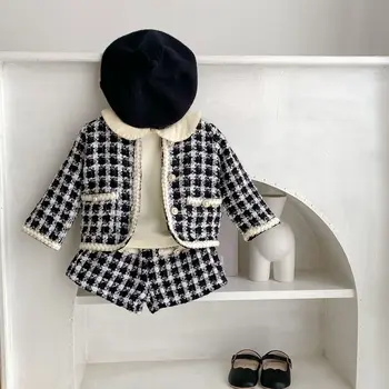 2024 Spring clothing infant girl baby plaid long-sleeved shirt open coat + Short pants two-piece suit