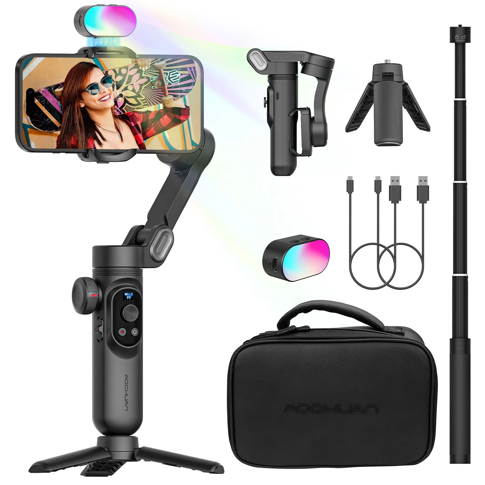 Gimbal Stabilizer Phone Handheld AI Gimble Smartphone Video Vlogging Inception Mode LED Light Focus Zoom Wheel Movie