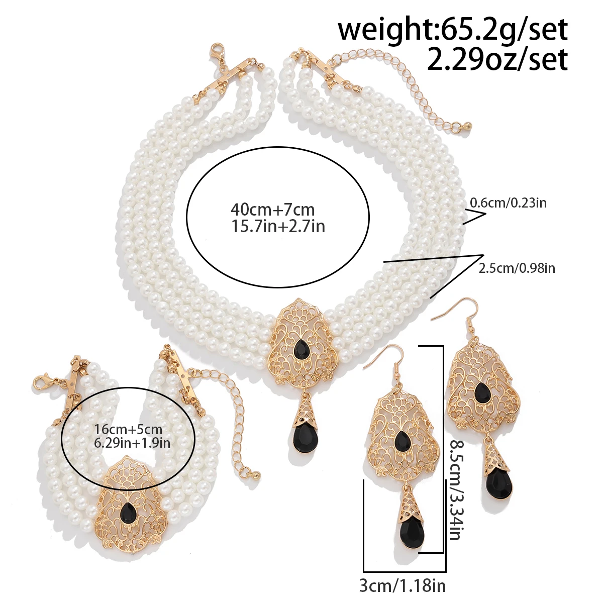 Elegant Imitated Pearl with Multi Color Crystal Choker Necklace Bracelet Earrings Set for Women Trendy Charms Wedding Jewelry