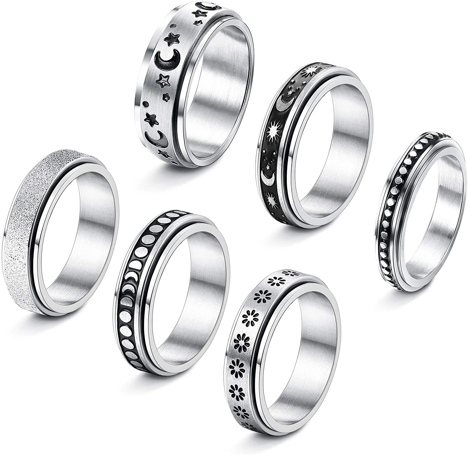 Legenstar Stainless Steel Spinner Rings for Women Men Fidget Band Rings Sun Moon Star Meditation Worry Ring for Stress Relieving