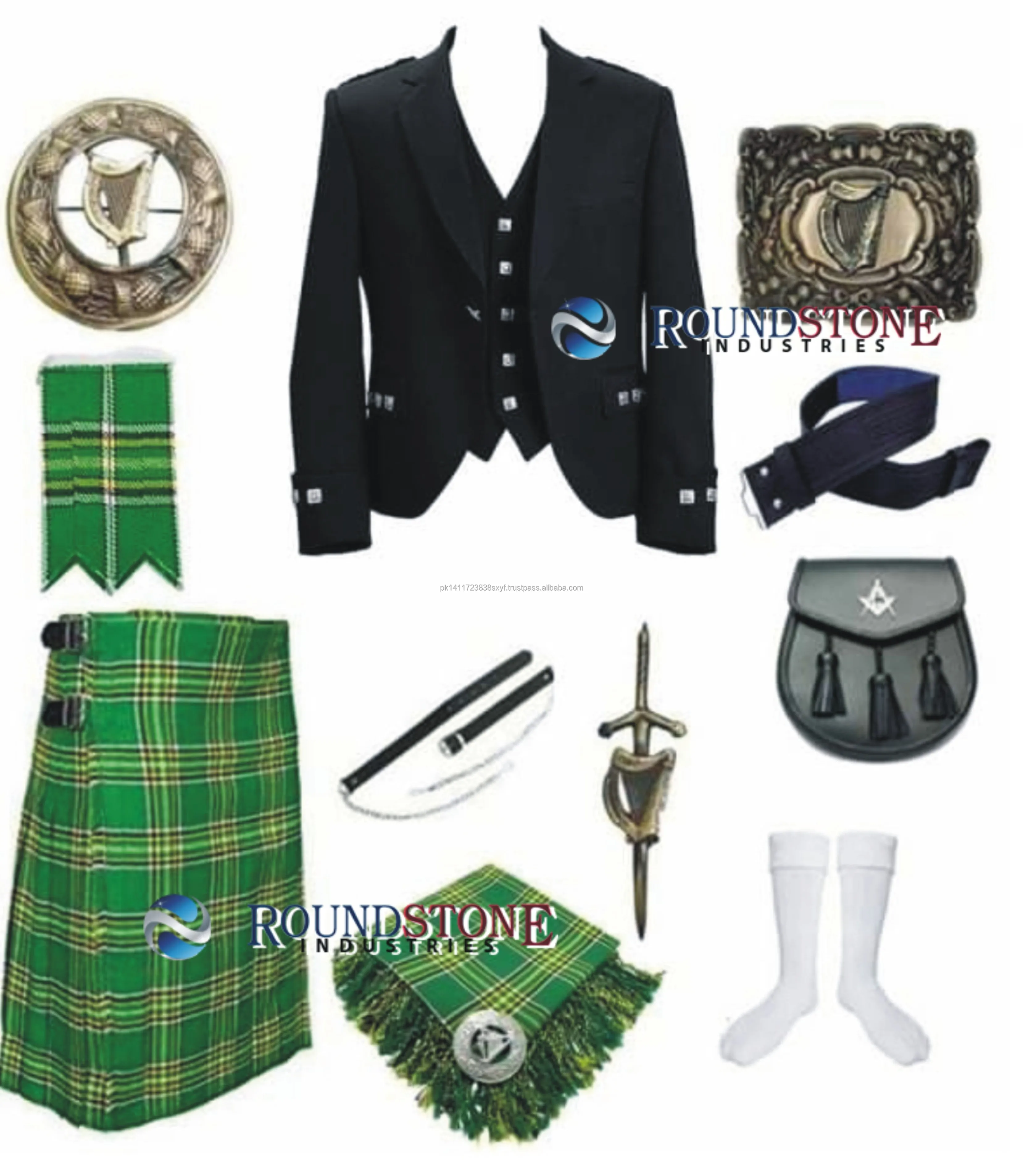 Wholesale Irish Tartan Kilt Outfit Set with Sporran Fly Plaid Brooch Flasher & Pins Acrylic Waist Coat Wool Socks