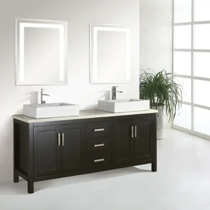 Contemporary High Quality Wooden Bathroom Freestanding Big Size Double Cabinet with Two Storage Vanity and Stone Counter