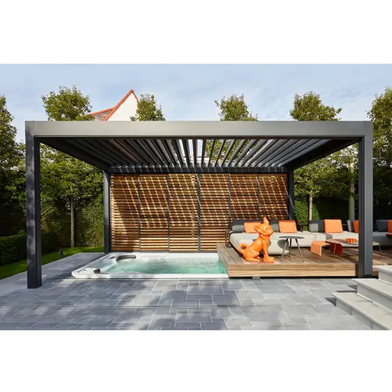 geautomatiseerde lamellen bioclimatische aluminium pergola aangepast buitengebouw