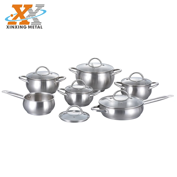 12Pcs Stainless Steel Cooking Pot Non-Stick Pan Cookware Sets With Glass Lid