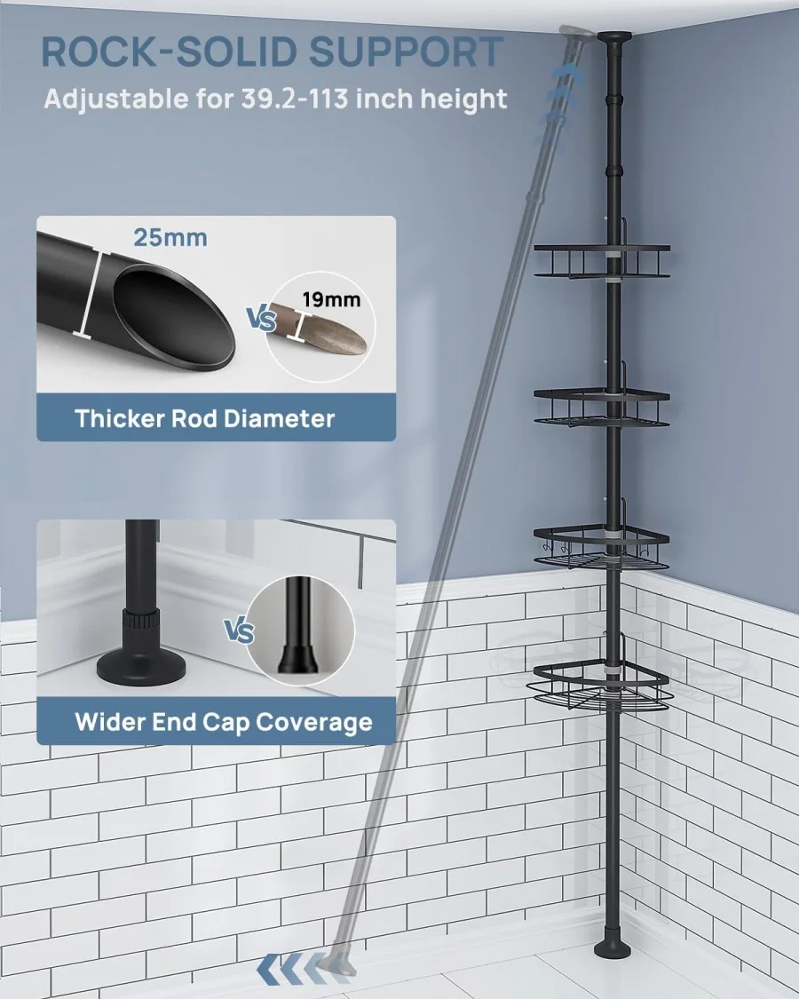CF High Quality Rustproof Shower Corner Organizer 4 Adjustable Shelves with Tension Pole Shampoo Storage Holder Shower Caddy