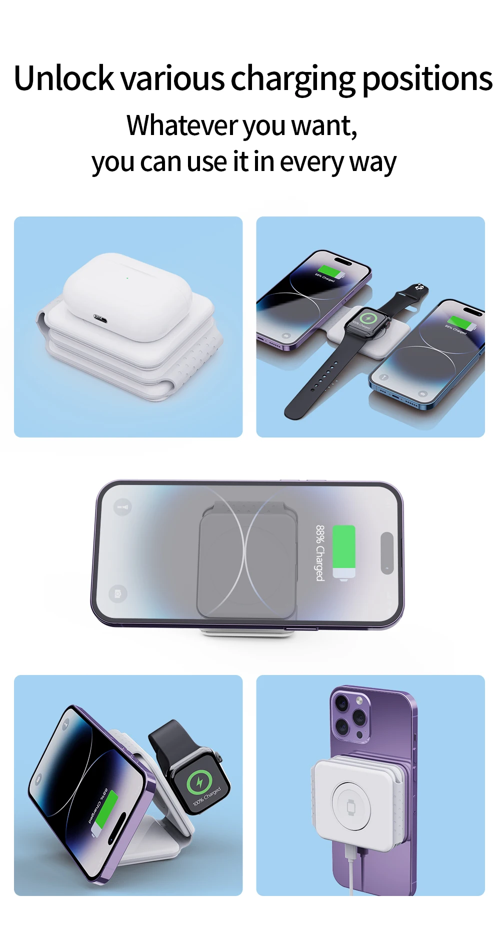 15W 3-in-1 Wireless Charger Holder Convenient Charging for Multiple Devices Including Watches IPhones Headphones Made PC