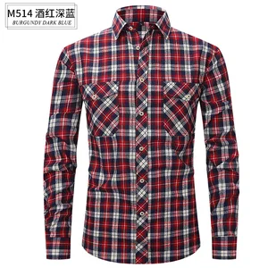 Men's Slim-Fit Flannel Plaid Shirt for Spring/Summer Twill Fabric Double Pocket Long-Sleeved Casual Anti-Wrinkle
