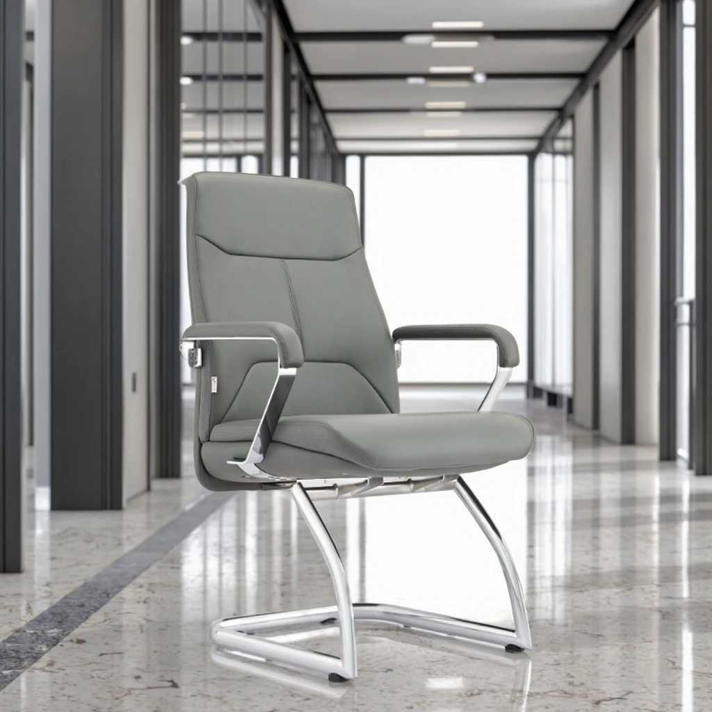 Modern Executive Leather Chrome Frame Desk Chair Fixed Headrest Adjustable Height Swivel Solid Back Aluminium Base Office 3