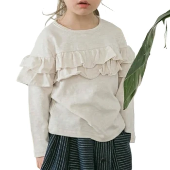 2024 new fashion baby shirts long-sleeved T-shirt early autumn round neck ruffled solid color sweet and baby girl tops