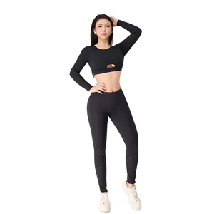 China Supplier Custom 2 Piece Long Sleeves Crop Tank Top and Legging Pant Gym Active Wear Set Women's Gym Clothes Kit