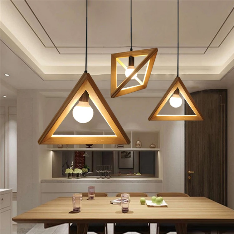 Triangle Wooden Frame Chandelier Lighting Wood Hanging Lamp for Home Decor