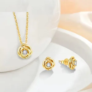 2026 New Arrival 925 Silver Flower Necklace Earring Set Gold Plated Zircon Stones Classic for Wedding Party for Valentine's Day