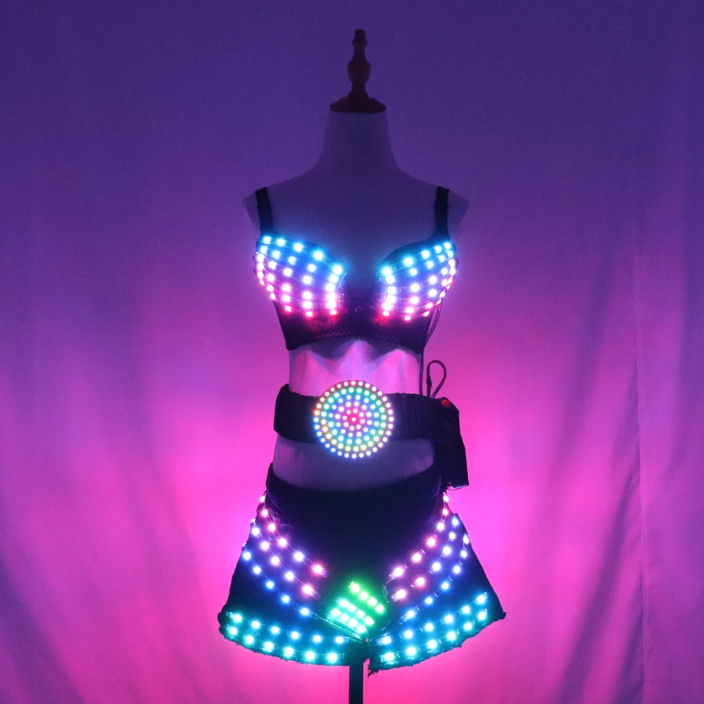 Full-Color LED Luminous Light Party Skirt Sexy Girl LED Light Costumes Ballroom Dance Outfit for Adults Unisex DJ DS Bra Suit